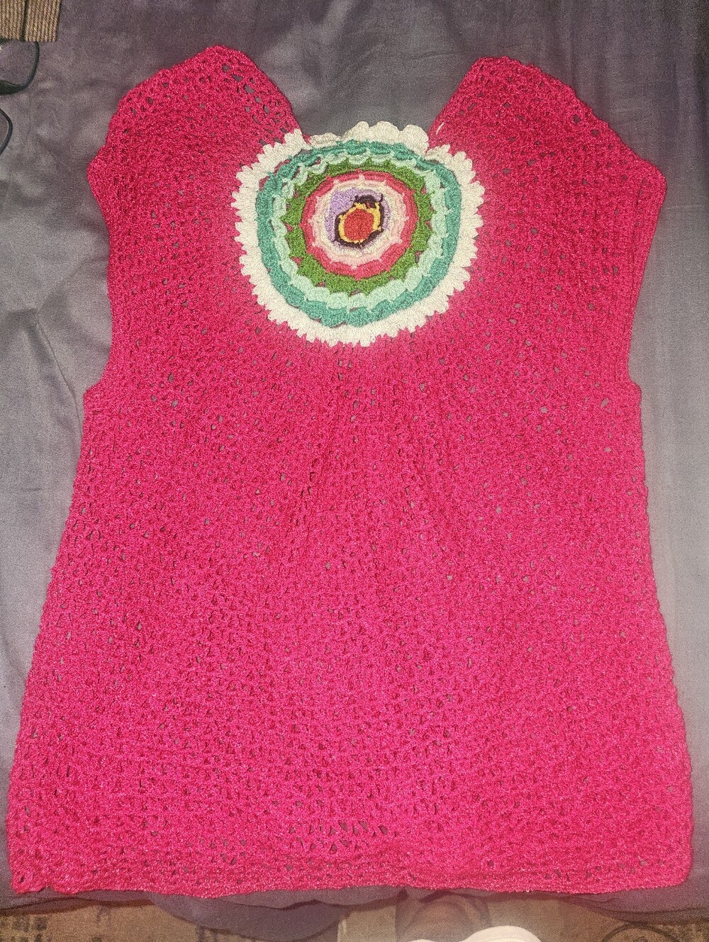 Source Unknown Bright Pink Crocheted Tank Top with Multicolor Medallion